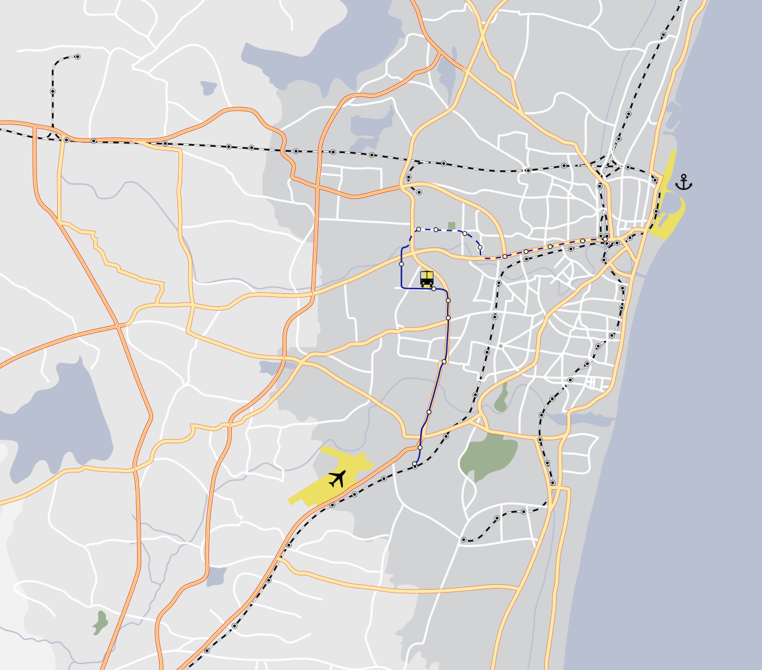 Map of Chennai city, with the areas covered marked, mainly 
Tambaram
Navalur
Padur
Manapakkam
RailNagar
Tondiarpet
Thiruvottiyur
Egmore
Sowcarpet
Park Town
Ekkatuthangal
Meenambakam
Alandur
Meenambakkam
St.ThomasMount
Pallavaram
Chromepet
Tambaram
Mogappair
Perambur
Madhavaram
Thiruverkadu
Padi
Alwarpet
Teynampet
Besant Nagar
Mandhavalli
RA Puram
Kottivakkam
Neelankarai
Panaiyur
Vadapalani
Saligramam
Valasaravakkam
Porur
Manapakkam
Iyyapanthangal
WestMambalam
T.Nagar
Saidapet
AnnaNagar
Kilpauk
Arumbakkam
Alwarthirunagar
K K Nagar
Ashok nagar
Guindy
Adyar
Besant Nagar
MRC Nagar
Ambattur
Thiruvanmiyur
Santhome
Mylapore
Gopalapuram